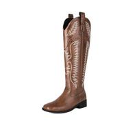 WeFloHsL Women Flat Cowboy Knee High Boots Embroidered Western Boots Low Chunky Heel Pull-On Square Toe Cowgirl Boots,Brown,5 UK