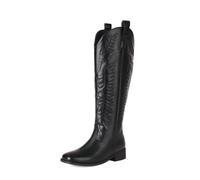 WeFloHsL Women Flat Cowboy Knee High Boots Embroidered Western Boots Low Chunky Heel Pull-On Square Toe Cowgirl Boots,Black,5.5 UK