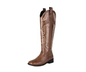 WeFloHsL Women Flat Cowboy Knee High Boots Embroidered Western Boots Low Chunky Heel Pull-On Square Toe Cowgirl Boots,Brown,5 UK