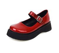 WeFloHsL Women Flat Mary Janes Buckle Strap Platform Low Wedge Heel Pumps Round Toe Lolita School Shoes,Red,2.5 UK