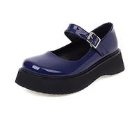 WeFloHsL Women Flat Mary Janes Buckle Strap Platform Low Wedge Heel Pumps Round Toe Lolita School Shoes,Blue,8.5 UK