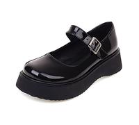 WeFloHsL Women Flat Mary Janes Buckle Strap Platform Low Wedge Heel Pumps Round Toe Lolita School Shoes,Black,5.5 UK