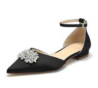 WeFloHsL Women Flat Wedding Shoes for Bride Closed Toe Ballet Pumps Rhinestones Satin Ankle Strap Bridal Dress Prom Shoes,Black,9.5 UK