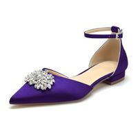 WeFloHsL Women Flat Wedding Shoes for Bride Closed Toe Ballet Pumps Rhinestones Satin Ankle Strap Bridal Dress Prom Shoes,Purple,5.5 UK