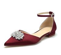 WeFloHsL Women Flat Wedding Shoes for Bride Closed Toe Ballet Pumps Rhinestones Satin Ankle Strap Bridal Dress Prom Shoes,Burgundy,4 UK
