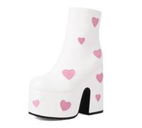 WeFloHsL Women High Chunky Heel Ankle Boots Platform Heart Printed Square Toe Goth Punk Booties with Side Zipper,White,5 UK