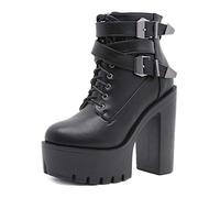 WeFloHsL Women Lace-Up Platform Chunky High Heeled Combat Ankle Boots Gothic Punk Party Club Biker Booties,Black B,5 UK