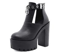 WeFloHsL Women Platform Block High Heel Ankle Boots Zipper Cut-Out Buckle Strap Biker Party Evening Booties,Black A,8 UK
