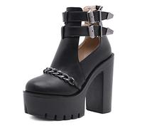 WeFloHsL Women Platform Block High Heel Ankle Boots Zipper Cut-Out Buckle Strap Biker Party Evening Booties,Black B,4 UK