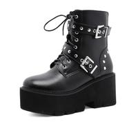 WeFloHsL Women Platform Chunky Ankle Boots Lace Up Rivet Buckle Gothic Punk Combat Biker Booties,Black,4 UK