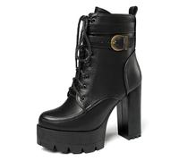 WeFloHsL Women Platform Combat Ankle Boots Chunky Block Heel Goth Round Toe Lace Up High Heel Motorcycle Booties,Black,2 UK