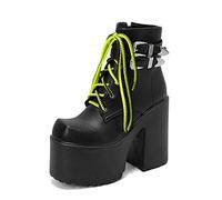 WeFloHsL Women Platform Lace Up Combat Ankle Boots Block Chunky Heel Buckle Winter Goth Punk Biker Booties with Zipper,Black,5 UK