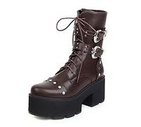 WeFloHsL Women Punk Goth Platform Combat Boots Lace Up Chunky Heel Ankle Boots Buckle Strap Studded Mid Calf Boots,Brown,9 UK