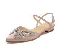 WeFloHsL Women Rhinestones Flat Bridal Shoes Slingback Satin Ballet Pumps Closed Toe Flat Wedding Dress Party Shoes,Blush,5 UK