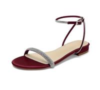 WeFloHsL Women Satin Ankle Strap Flat Sandals Sparkly Diamante Open Toe Wedding Bridal Dress Shoes,Burgundy,4 UK
