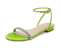 WeFloHsL Women Satin Ankle Strap Flat Sandals Sparkly Diamante Open Toe Wedding Bridal Dress Shoes,Lime,3.5 UK