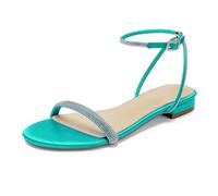 WeFloHsL Women Satin Ankle Strap Flat Sandals Sparkly Diamante Open Toe Wedding Bridal Dress Shoes,Teal,3.5 UK