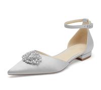 WeFloHsL Women Satin Diamante Wedding Ballet Flats Pumps Ankle Strap Pointed Toe Flat Prom Evening Bridal Party Dress,Silver,3.5 UK