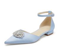 WeFloHsL Women Satin Diamante Wedding Ballet Flats Pumps Ankle Strap Pointed Toe Flat Prom Evening Bridal Party Dress,Light Blue,5.5 UK