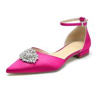 WeFloHsL Women Satin Diamante Wedding Ballet Flats Pumps Ankle Strap Pointed Toe Flat Prom Evening Bridal Party Dress,Fuchsia,3.5 UK