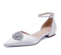 WeFloHsL Women Satin Diamante Wedding Ballet Flats Pumps Ankle Strap Pointed Toe Flat Prom Evening Bridal Party Dress,White,5.5 UK