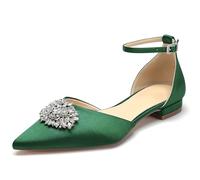 WeFloHsL Women Satin Diamante Wedding Ballet Flats Pumps Ankle Strap Pointed Toe Flat Prom Evening Bridal Party Dress,Green,3.5 UK