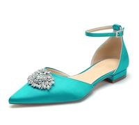 WeFloHsL Women Satin Diamante Wedding Ballet Flats Pumps Ankle Strap Pointed Toe Flat Prom Evening Bridal Party Dress,Teal,3.5 UK