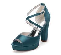 WeFloHsL Women Satin Platform Block Heel Wedding Sandals Cross Ankle Strappy Peep Toe Dress Pumps Party Bridal Shoes 618-01,Teal,5.5 UK