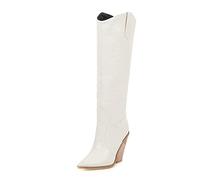 WeFloHsL Women Western Knee High Boots Chunky Heel Pointed Toe Slip on Cowgirl Booties with Pull-Up Tabs,White,8 UK