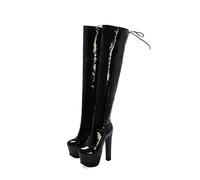 WeFloHsL Womens Block High Heel Over The Knee Boots Platform Lace Up Winter Thigh High Boots,Black Patent,4 UK