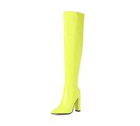 WeFloHsL Women's Block High Heel Over The Knee Boots Pointed Toe Patent Leathet Thigh High Boots,Green,5 UK