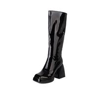 WeFloHsL Women's Chunky Block Heel Knee High Boots Patent Leather Zipper Knee Length Long Boots,Black,6.5 UK