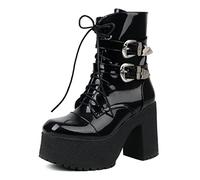 WeFloHsL Women's Chunky Block Heel Platform Combat Ankle Boots Gothic Punk Lace Up Buckle Winter Motorcycle Booties with Zipper,Black Patent,5.5 UK
