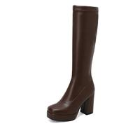 WeFloHsL Women's Chunky Block Heeled Knee High Boots Stretchy Square Toe Platform Long Boots,Brown,4 UK