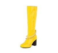 WeFloHsL Womens Chunky Heel Knee High Boots with Chain Pearls Pointed Toe Patent Leather Long Boots,Yellow,6.5 UK