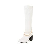 WeFloHsL Womens Chunky Heel Knee High Boots with Chain Pearls Pointed Toe Patent Leather Long Boots,White,7 UK
