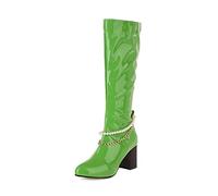 WeFloHsL Womens Chunky Heel Knee High Boots with Chain Pearls Pointed Toe Patent Leather Long Boots,Green,4 UK