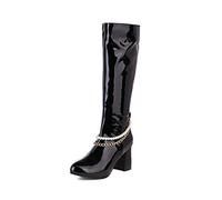 WeFloHsL Womens Chunky Heel Knee High Boots with Chain Pearls Pointed Toe Patent Leather Long Boots,Black,8.5 UK