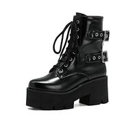 WeFloHsL Women's Chunky Heel Platform Combat Ankle Boots Lace Up Waterproof Goth Punk Booties with Zipper,Black PU,5.5 UK