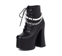 WeFloHsL Women's Chunky High Heel Platform Lace Up Ankle Booties with Chain Pearls Goth Punk Combat Boots,Black PU,4 UK