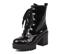 WeFloHsL Women's Chunky High Heels Lace Up Booties Round Toe Patent Leather Platform Punk Goth Zipper Combat Boots,Black,6.5 UK