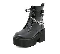 WeFloHsL Women's Chunky Platform Combat Boots with Chains Pearls Goth Punk Block High Heel Lace Up Ankle Boots,Black,7 UK