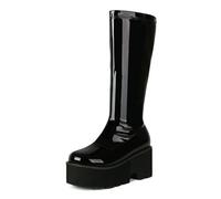 WeFloHsL Womens Chunky Platform Knee High Boots Wedge Heel Round-Toe Patent Leather Punk Motorcycles Goth Mid Calf Boots,Black,4 UK
