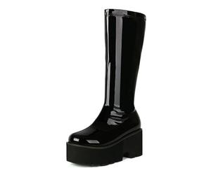 WeFloHsL Womens Chunky Platform Knee High Boots Wedge Heel Round-Toe Patent Leather Punk Motorcycles Goth Mid Calf Boots