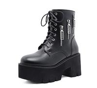 WeFloHsL Womens Combat Ankle Boots Platform Chunky High Heels Lace Up Round Toe Zipper Gothic Booties,Black,4 UK