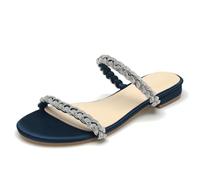 WeFloHsL Womens Diamante Strappy Flat Sliders Sandals Ladies Satin Sparkly Open Toe Slip on Mules Wedding Bridal Dress Shoes,Navy,3.5 UK