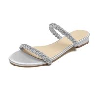 WeFloHsL Womens Diamante Strappy Flat Sliders Sandals Ladies Satin Sparkly Open Toe Slip on Mules Wedding Bridal Dress Shoes,Silver,6.5 UK