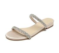 WeFloHsL Womens Diamante Strappy Flat Sliders Sandals Ladies Satin Sparkly Open Toe Slip on Mules Wedding Bridal Dress Shoes,Champagne,8.5 UK