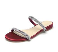 WeFloHsL Womens Diamante Strappy Flat Sliders Sandals Ladies Satin Sparkly Open Toe Slip on Mules Wedding Bridal Dress Shoes,Burgundy,5.5 UK