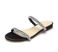 WeFloHsL Womens Diamante Strappy Flat Sliders Sandals Ladies Satin Sparkly Open Toe Slip on Mules Wedding Bridal Dress Shoes,Black,6.5 UK
